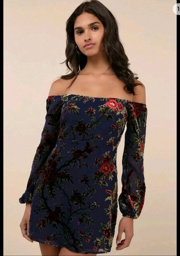 Lulu's Navy Floral Velvet Burnout Mini Dress Size Medium NWT (Fits Like A Small)