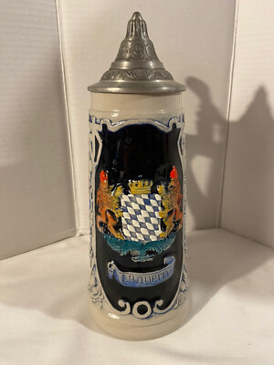 Vintage HANDARBEIT BAYERN COAT of ARMS Ornate Lidded Beer Stein (Made inGermany)
