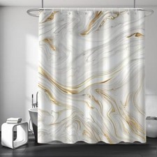Grey and Gold Shower Curtain, Gold and White Modern Wave Marble Shower Curtain