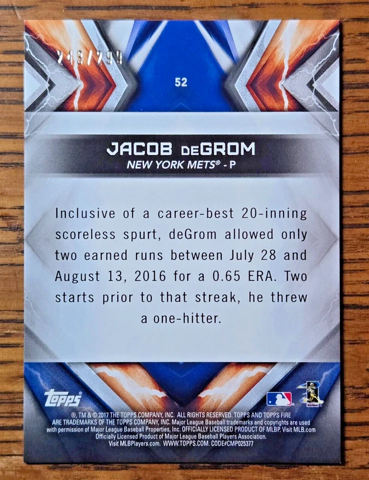 2017 Topps Fire - Orange #52 Jacob deGrom /299 - Image 2 of 2