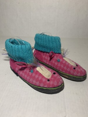 Garnet Hill Kids Boiled Wool Horse Pony Slippers Pink Blue Size 4