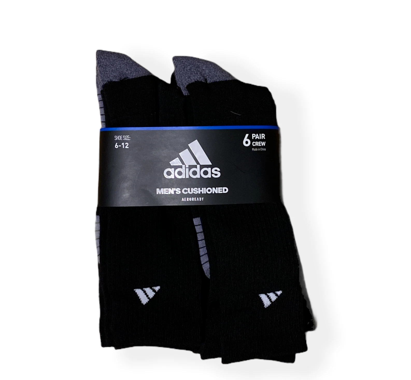 Adidas Crew Cushioned Moisture Wicking Socks Shoe-Black, Size 6-12, 6 Pairs