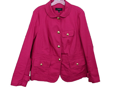Talbots Trucker Jacket Womens 12W Hot Pink Gold Buttons Stretch Pocket Office