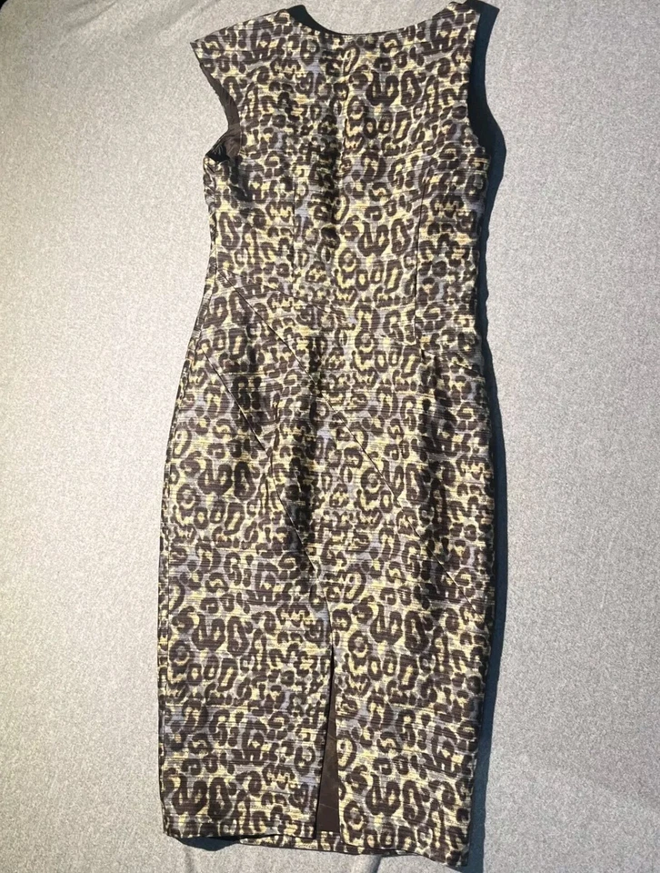 Tracy Reese Sheath Dress Size 4 Brown Leopard Print Midi Sleeveless Wool Silk - Image 2 of 4
