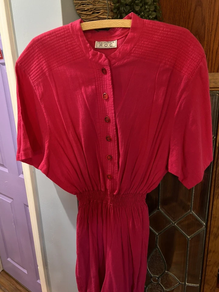 Macacão Vintage Anos 80 Califórnia R O C ROC Vermelho Rosa Elástico Cintura Glam Romper M G - Imagem 2 de 4