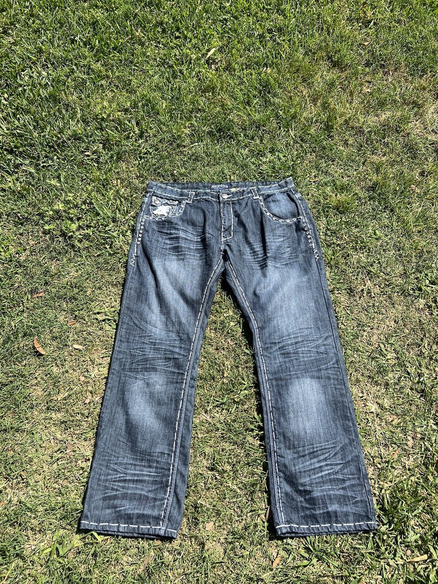 Reve Jeans Kayden K Blue Denim Dark Bling Heavy Stitch U5 Men 42x32 | eBay