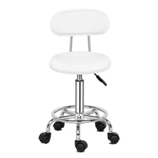 19 In. Height White PU Leather Seat Adjustable Salon Stool with Back Office Roll