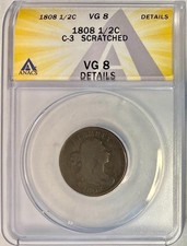 1808 Draped Bust Half Cent, C-3, ANACS VG-8 Details, Scratched