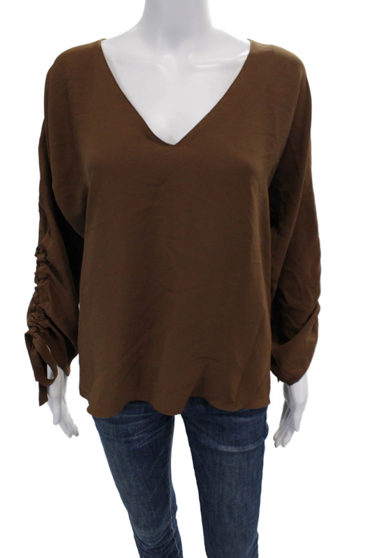 Amanda Uprichard Womens V-Neck Toe Ruched Long Sleeve Blouse Top Brown Size M