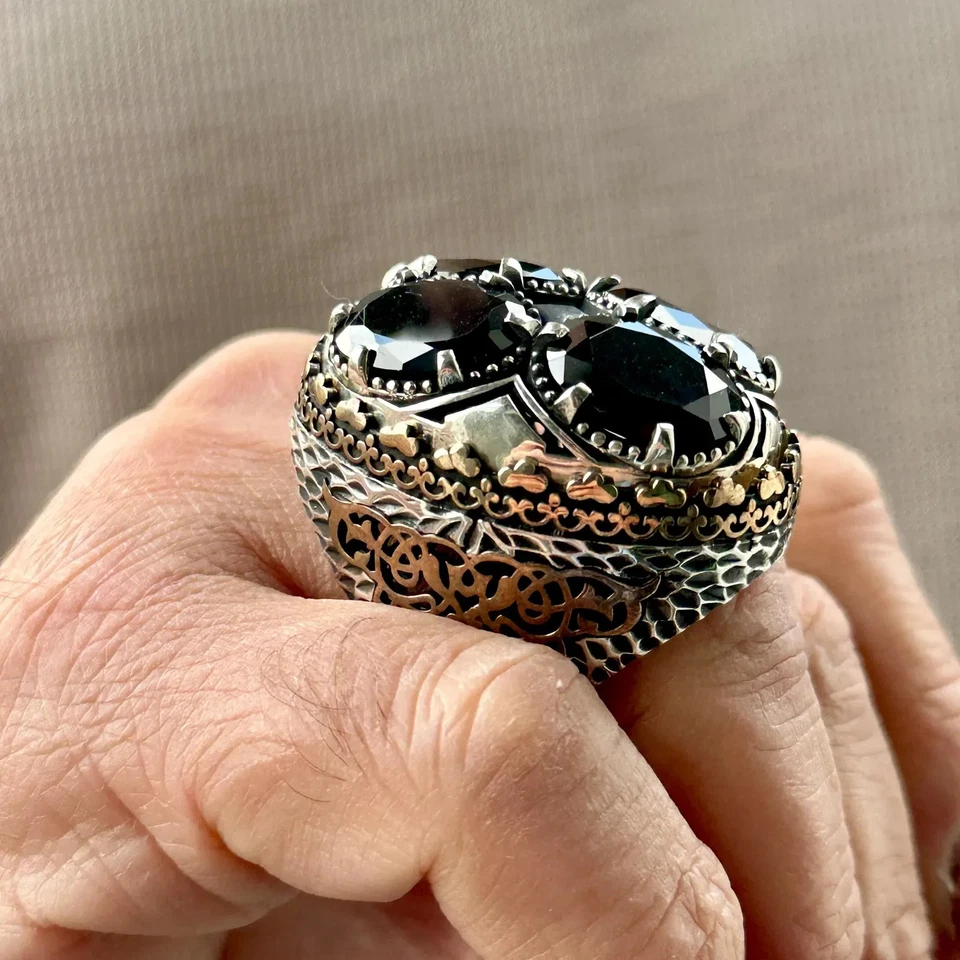 Anillo grande de ónix negro para hombre de plata de ley 925, anillo grande de plata estilo otomano, Foto 3 de 4
