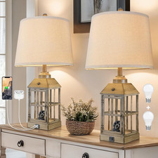 Rustic 25" Farmhouse Table Lamps Set of 2 with USB Port  LED Bulbs