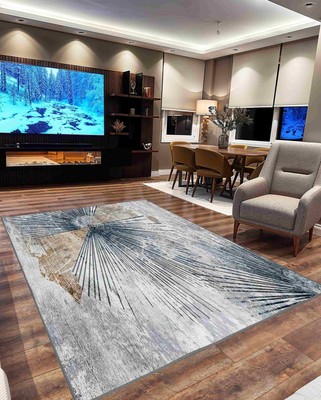 Machine Washable Abstract Living Room Rug 5x7 with Anti-Slip 7708 Color Grey