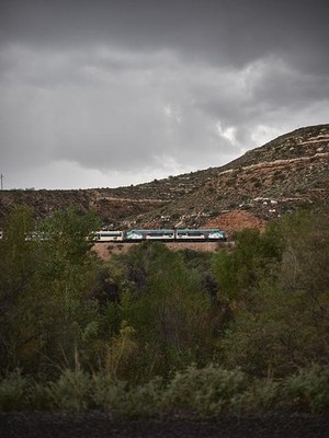 A Verde Canyon Railroad excursion train, moments out of its Clarkdale, Arizona,
