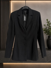 Image of boohoo Women's cinched waist Black Blazer UK 12 Mid-Length Button Formal Jacket