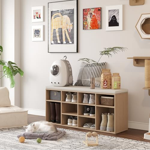 Shoe Storage Bench with Cushion, 12-Cubby Shoe Rack, Adjustable Shelves, - Picture 2 of 7