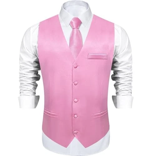  Mens Satin Suit Vest and Tie Set 8PCS Solid Waistcoat and Bowtie X-Large Pink - Image 2 of 4