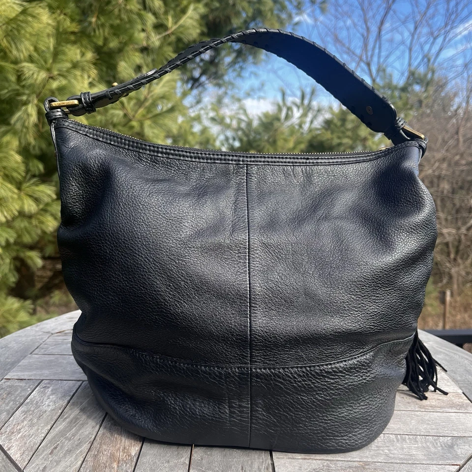 Calvin Klein Hobo Shoulder Bag Black Pebbled Leather Studded Tassel Accent - Image 3 of 4