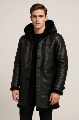 Men's Black Faux Shearling Hooded Coat | Real Shearling Winter Jacket...