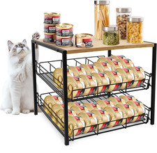 Bamboo Iron Cat Food Organizer for Pantry, 2-Tier Can Stackable Storage Rack H