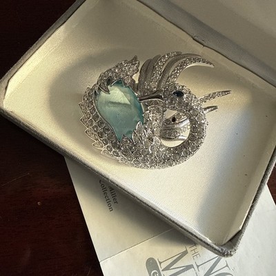 STUNNING NOLAN MILLER RHINESTONE CRYSTAL AQUAMARINE SWAN LARGE PIN BROOCH