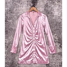 Free People Dress XS Womens Pink Crushed Velvet Mini Ruched Collared