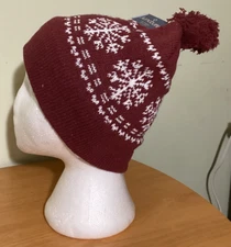 Juncture Winter Ski Hat Pom Beanie Snowflake Red & White Fleece Lined Unisex