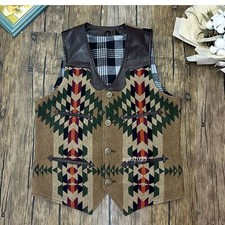 American Men Retro Navajo Genuine Leather Vest Motorcycle Waistcoat Cowboy Gilet
