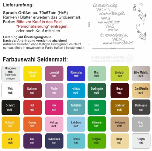 Wandtattoo WOHIN man im Leben.. 70cm A10 Blumenranke Wandaufkleber Sprüche Zitat - Bild 2 von 8