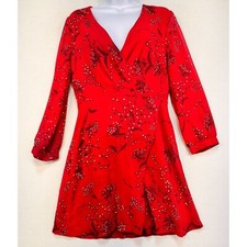Madewell Womens Short Wrap Dress Size 6 Red Floral Sheer Sleeves