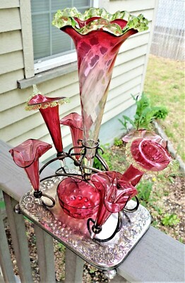 English Victorian Epergne, 8 Cranberry Glass Components, All