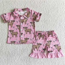Summer Baby Girls Boys Sibling Green Pink Heifer Jammie Short Set