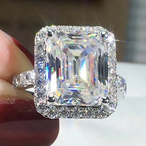 4.2Ctw Emerald Cut Moissanite Classic Halo Engagement Ring 14K White Gold Plated - Picture 2 of 17