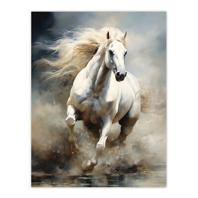 Wild White Horse Majestic Mane Oil Painting Wall Art Poster Print Picture