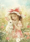print ACEO Art Card Rabbit Girl Garden Flower Bunny Animal Limited Edition