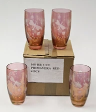 4 ROYAL GALLERY Cranberry Pink 158-HB Dragonfly Butterfly ETCHED Tumbler GLASSES