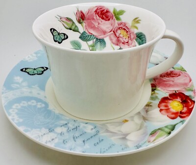 Stechcol Gracie Rose Butterfly Tea Coffee Mug Cup & Saucer Dishwasher Safe