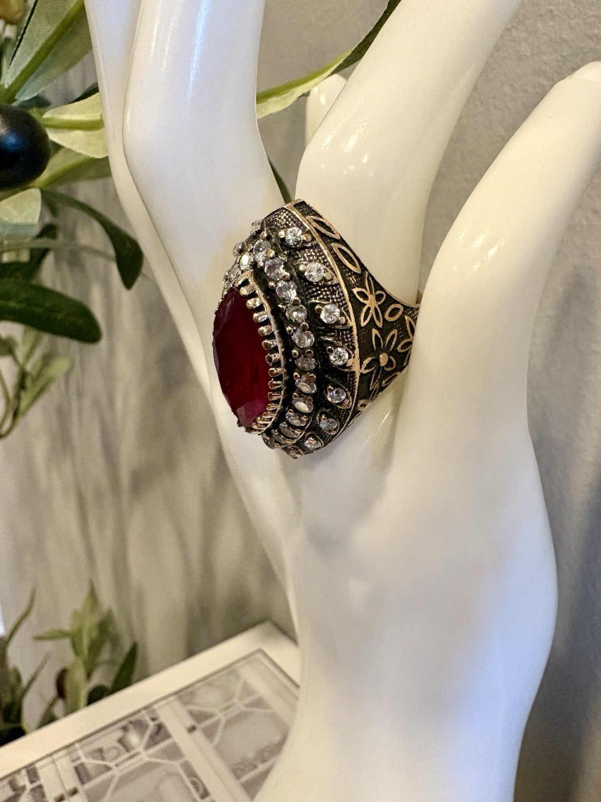 Vintage Antique Statement Ring Red  Ruby Gem Goth… - image 3