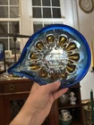 Murano Art Glass Tear Drop Bowl Blue & Amber 11x8” Italian Vintage Mid-Century