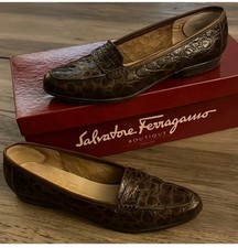 Salvatore Ferragamo Brown Croc Embossed Leather Loafers Sz.5 AA Ret 335 In Box