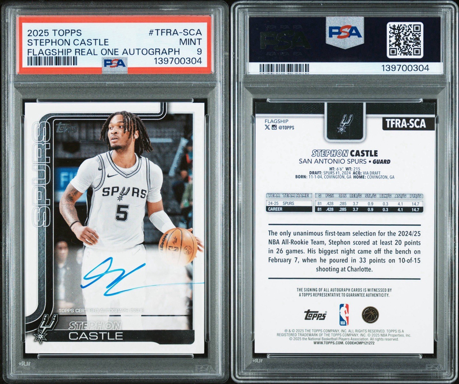 Stephon Castle 2025-26 Topps Flagship Real One Auto PSA 9 Spurs None Higher view 3