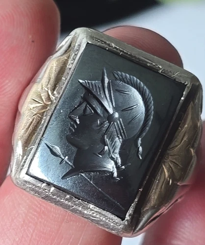 Vintage Sterling Silver 10K Gold Sides Carved Hematite Men's Ring sz 12.5 18g