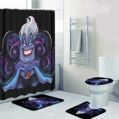 Top! Disney Ursula Villains Print Shower Curtain Bath Mat Toilet Lid Cover Mat