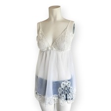 Frederick s of Hollywood Sheer White Lace Mesh Babydoll Lingerie Halter L