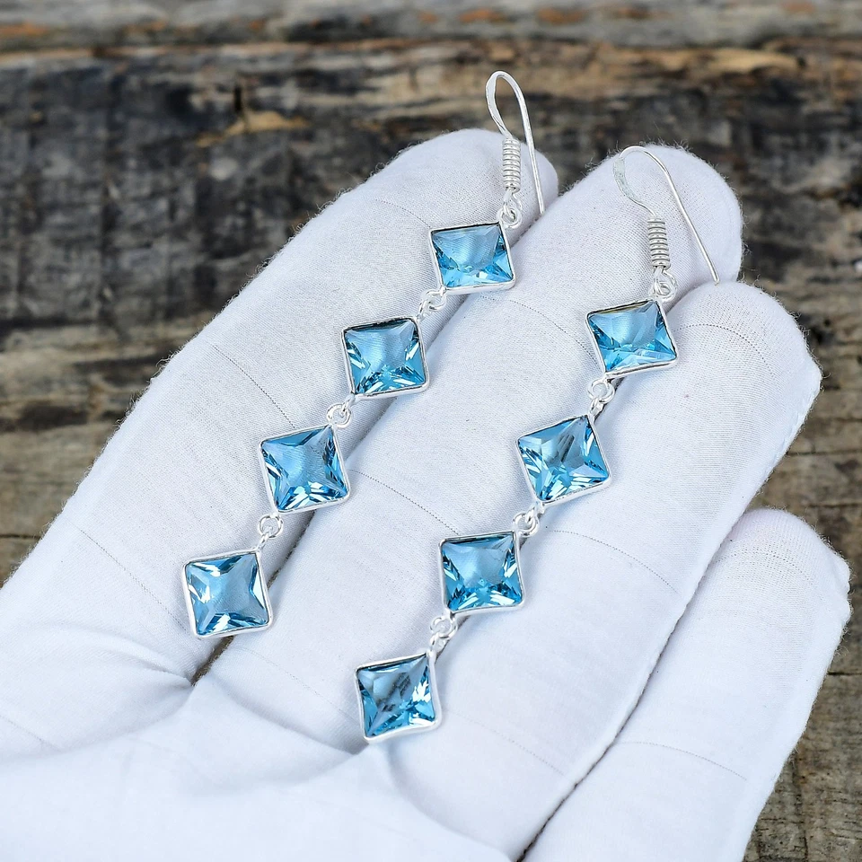 Unico Topazio Blu Gemma 925 Argento Sterling Mano Gioielli Orecchino per Regalo - Immagine 3 di 4