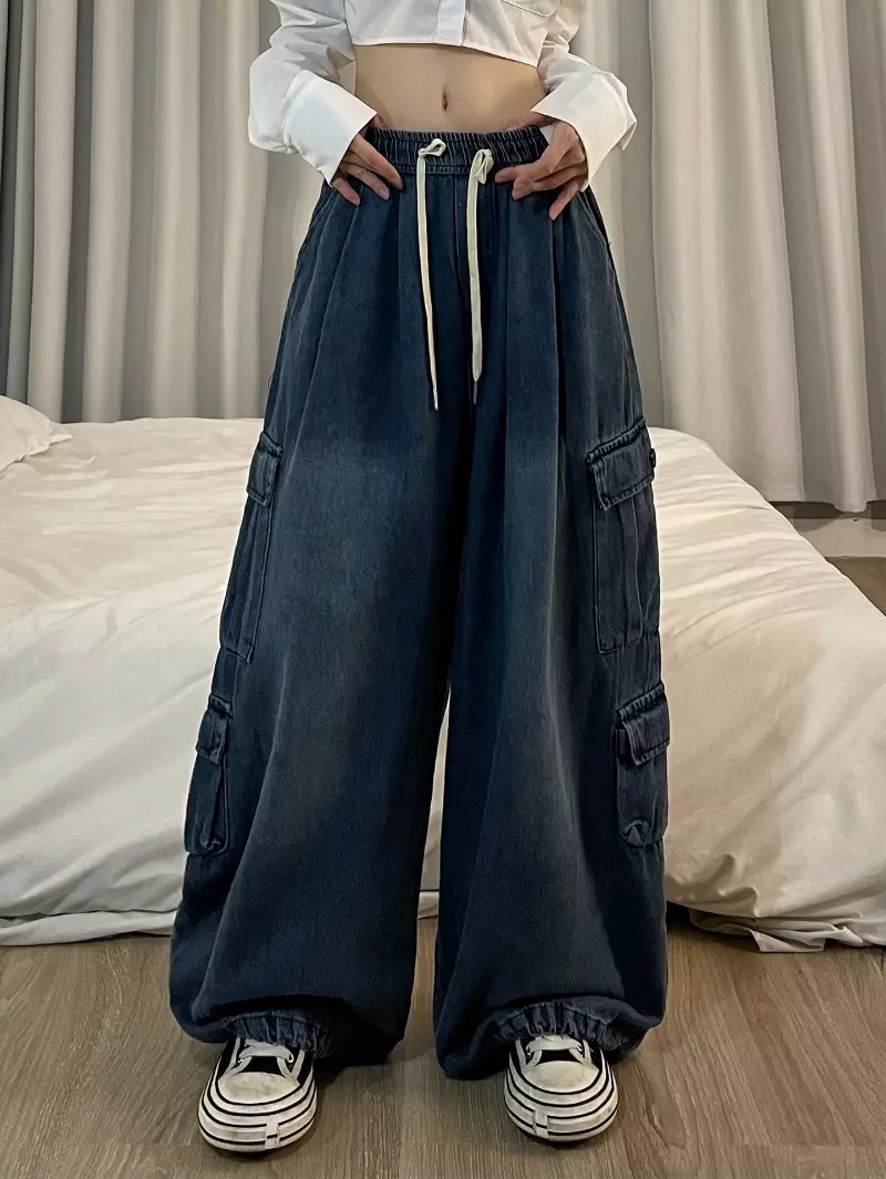 Women Loose Baggy Jeans Pants Vintage Cargo Pockets Denim Trousers  Streetwear