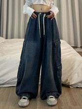 Women Loose Baggy Jeans Pants Vintage Cargo Pockets Denim Trousers Streetwear