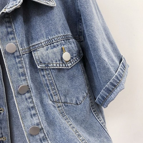 Lady Short Sleeve Denim Jacket Button-Down Crop Jean Coat Denim Shirt Tops Basic - Picture 8 of 20