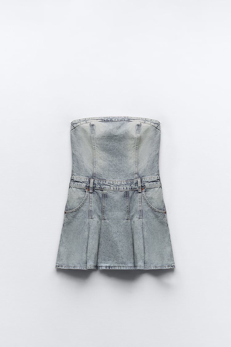 NWT Zara Women's TRF Denim Box pleat mini Dress Blue SS23