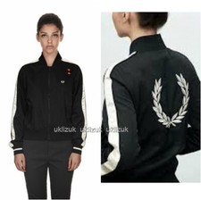 Fred Perry Amy Winehouse Black & Cream Satin Bomber Jacket - Size 8