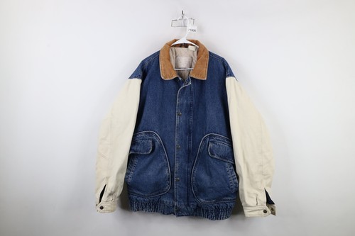 Vtg 90s Streetwear Mens 3XL Distressed Quilted Heavyweight Denim Varsity Jacket